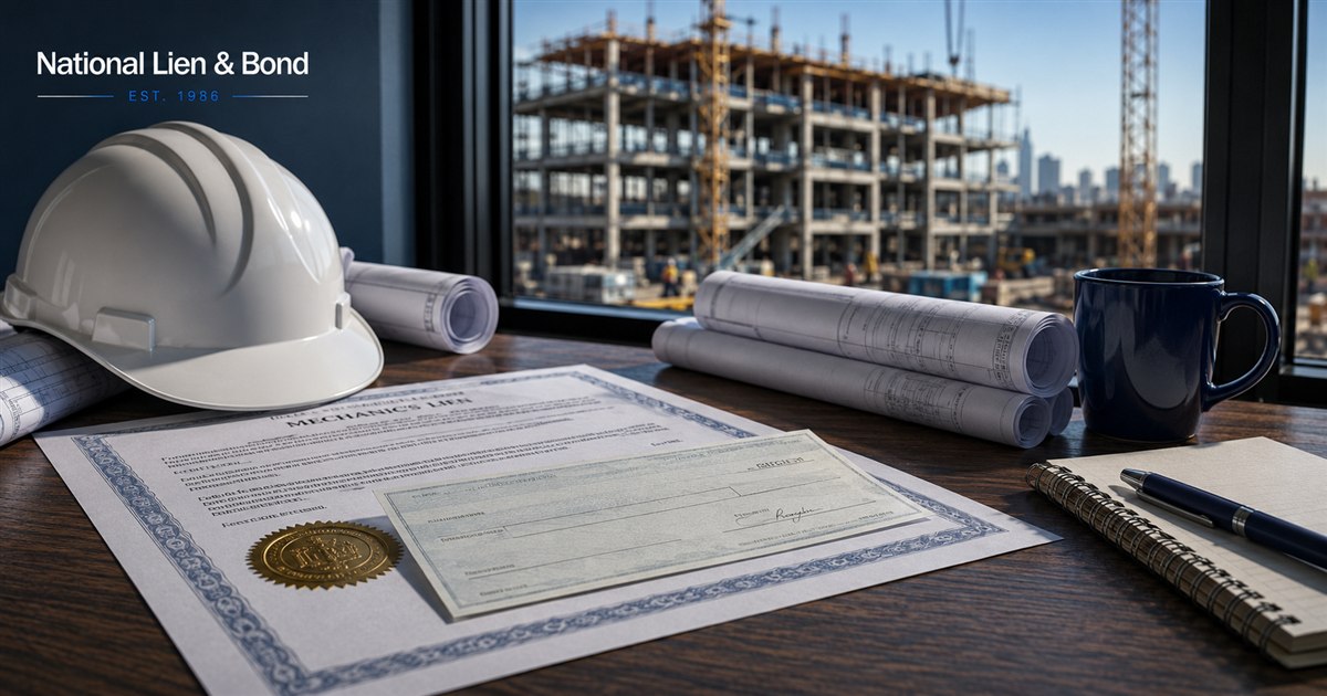 Recorded mechanics lien claim and payment check on a contractor desk with hard hat and blueprints, active construction site out the window