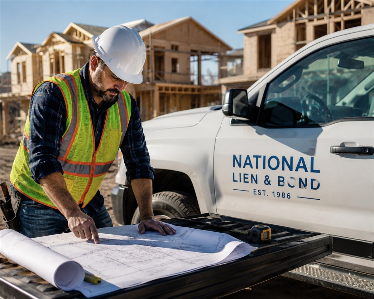 Contractor reviewing house plans on a truck tailgate while weighing what to consider before filing a mechanics lien