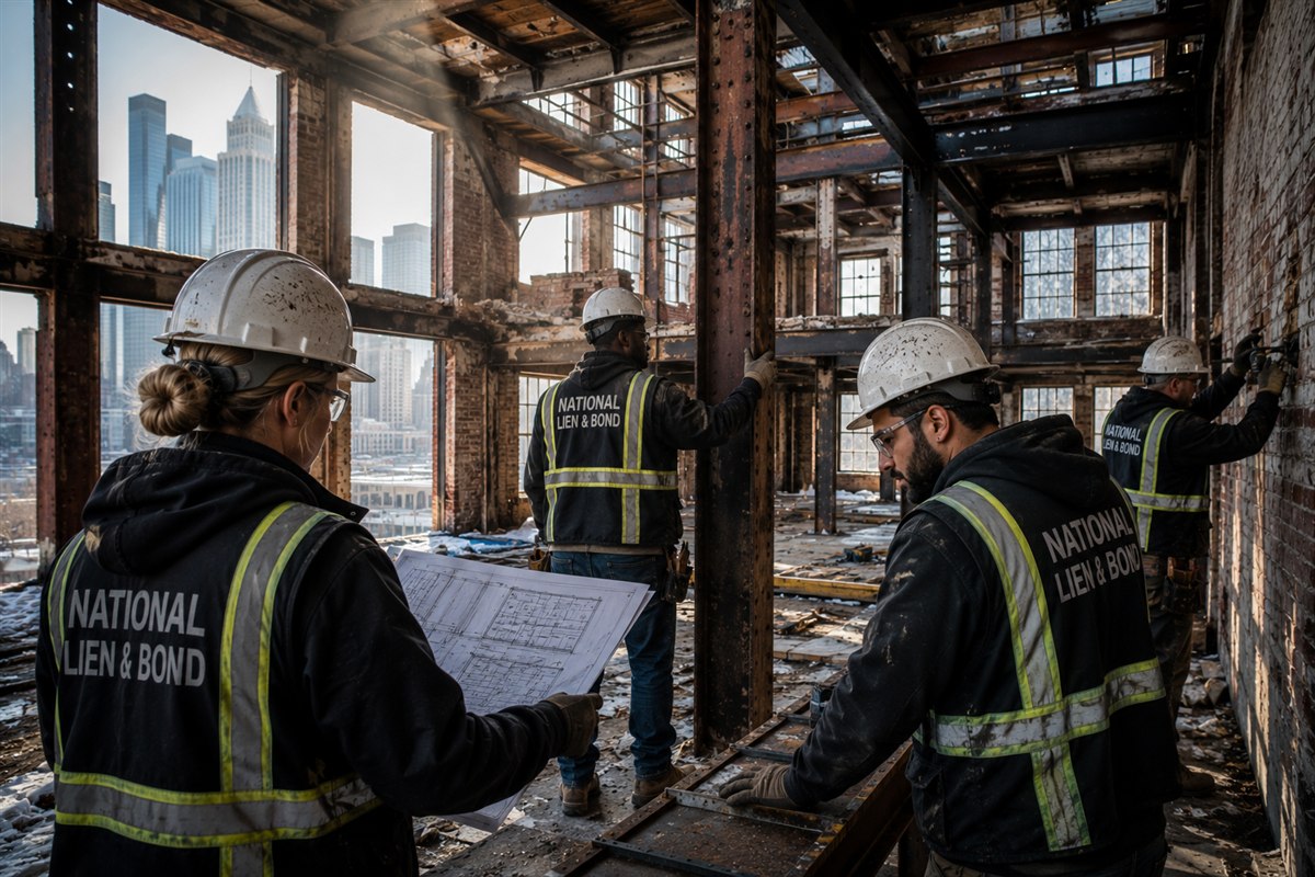 Crew in safety vests combing through a gutted historic building with blueprints in hand, hunting the mistakes that sink construction lien claims
