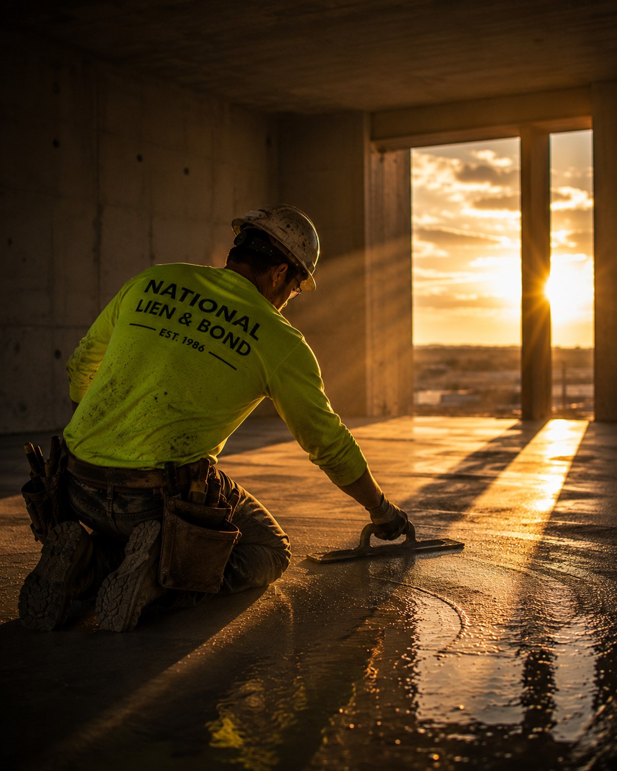 Concrete finisher smoothing a floor inside a bare concrete shell as the sun sets through the doorway, working against the clock like a lien deadline