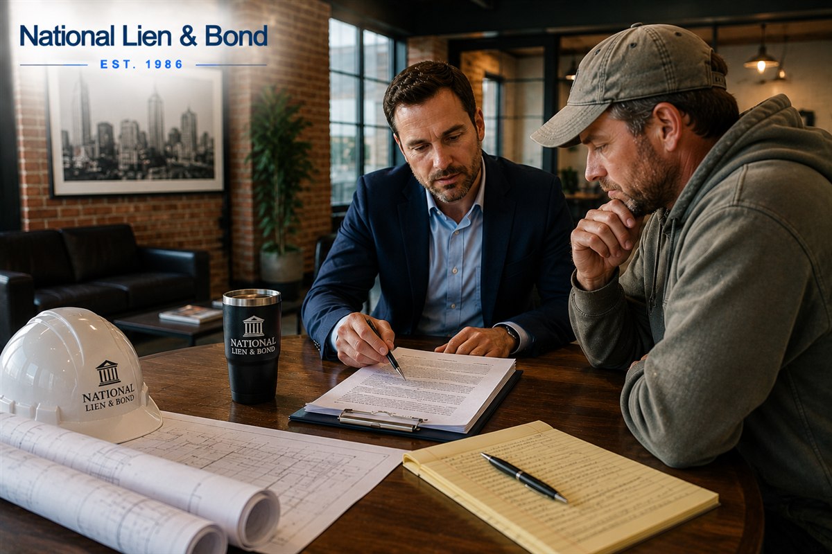Lien attorney reviewing a construction payment claim with a contractor at an office conference table