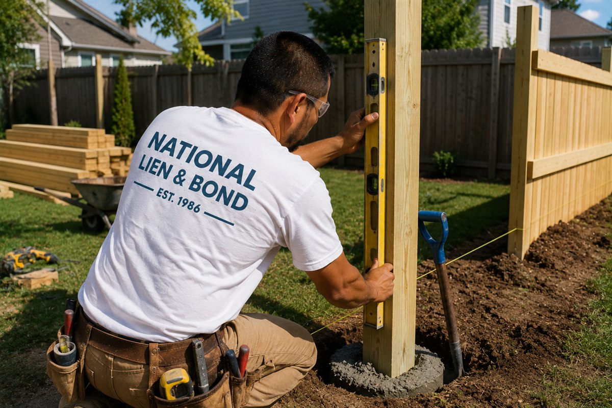 Fence builder leveling a cedar post set in fresh concrete along a backyard property line, wrapping up the 2020 lien law recap