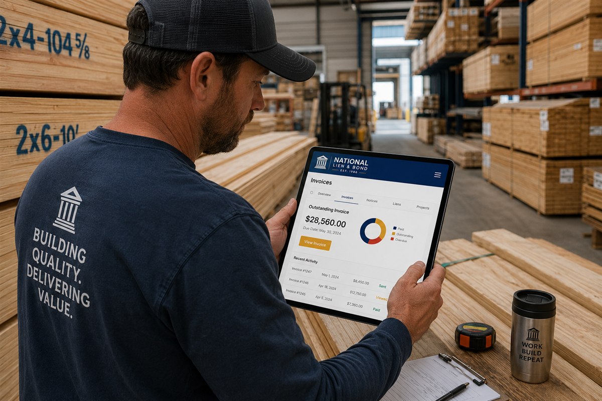 Building material supplier tracking outstanding invoices and lien notices in an automated app at a lumber warehouse