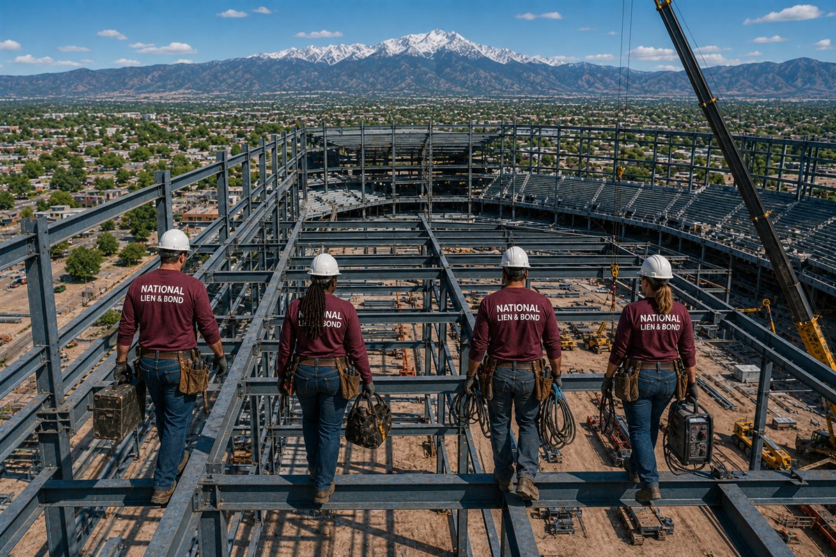 Four ironworkers crossing the steel frame with tool bags, cable coils and a welder in hand, the must-have tools arriving at the job