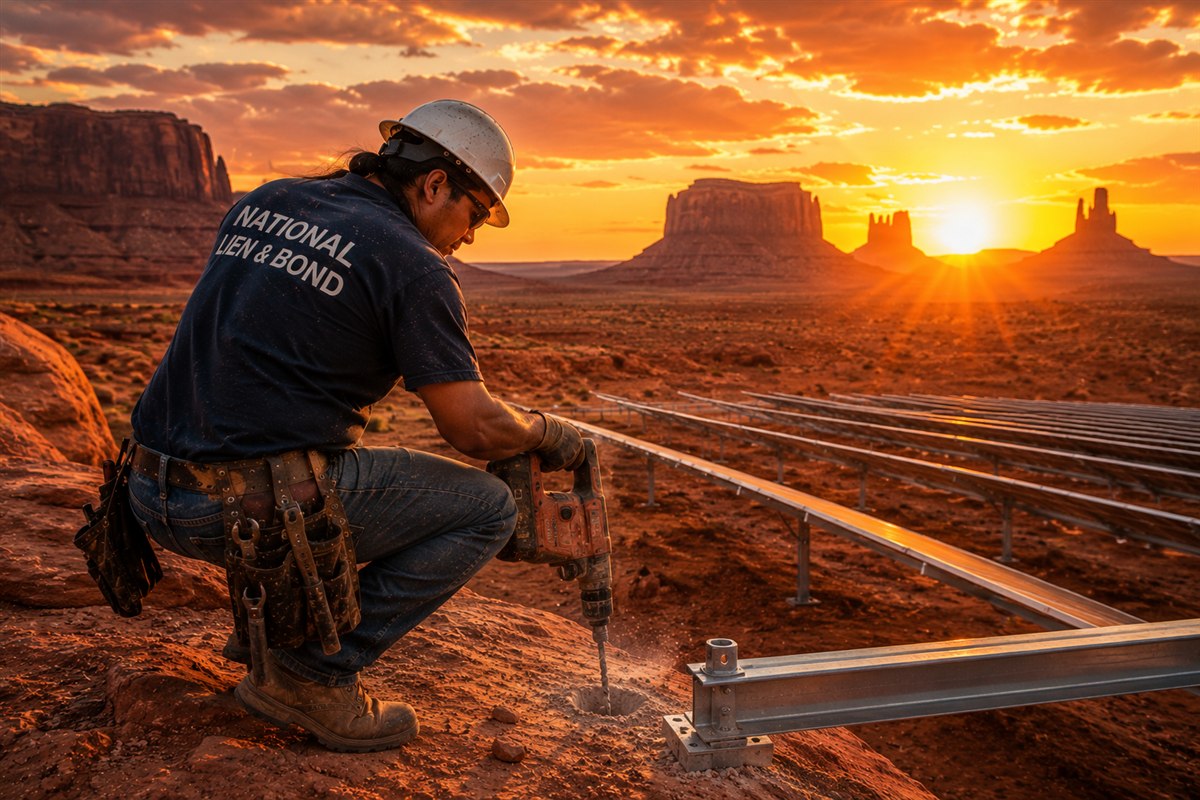 Worker drilling solar racking anchors into red rock at sunset with Arizona buttes glowing on the horizon