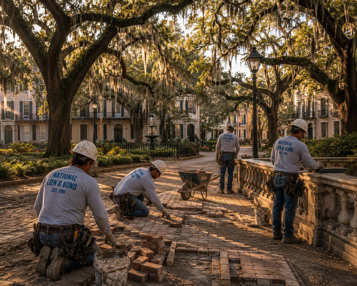 Crew resetting pavers in a Savannah square under live oaks and Spanish moss