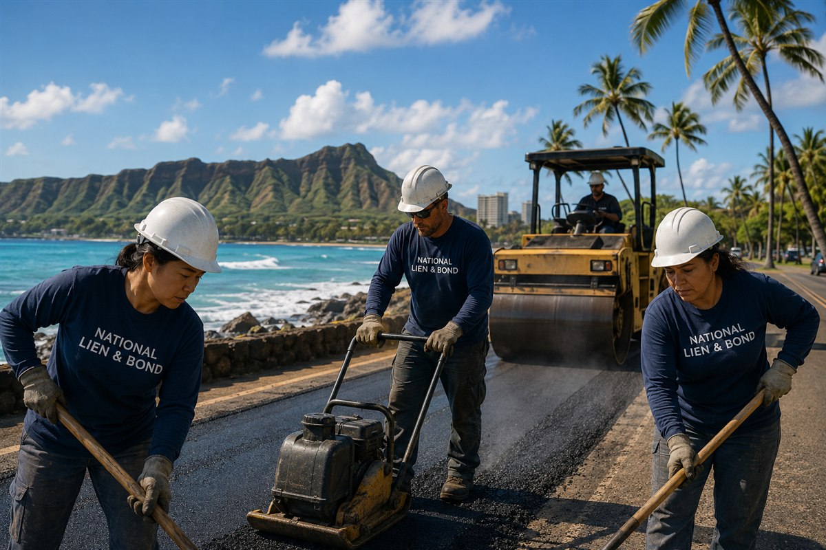 Paving crew rolling fresh asphalt on an oceanfront road with Diamond Head and palm trees behind the roller