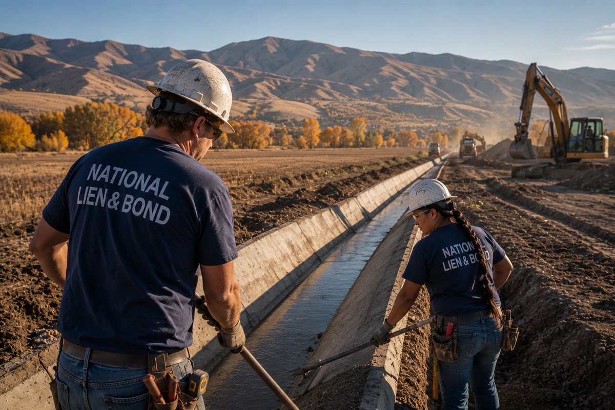 Two workers finishing a fresh concrete irrigation canal through Idaho farmland, golden cottonwoods and dry foothills behind the excavators