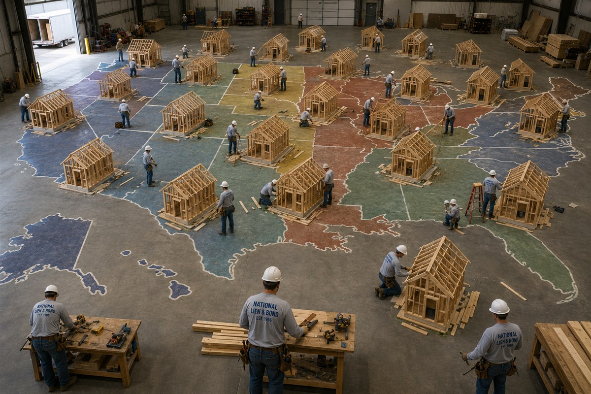 Fifty tiny house frames arranged across a giant United States map painted on a warehouse floor