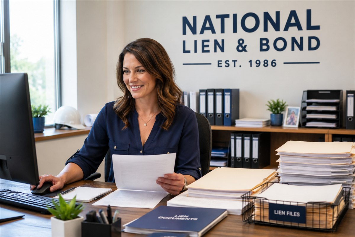 Construction credit professional managing organized lien files and collection documents at her desk