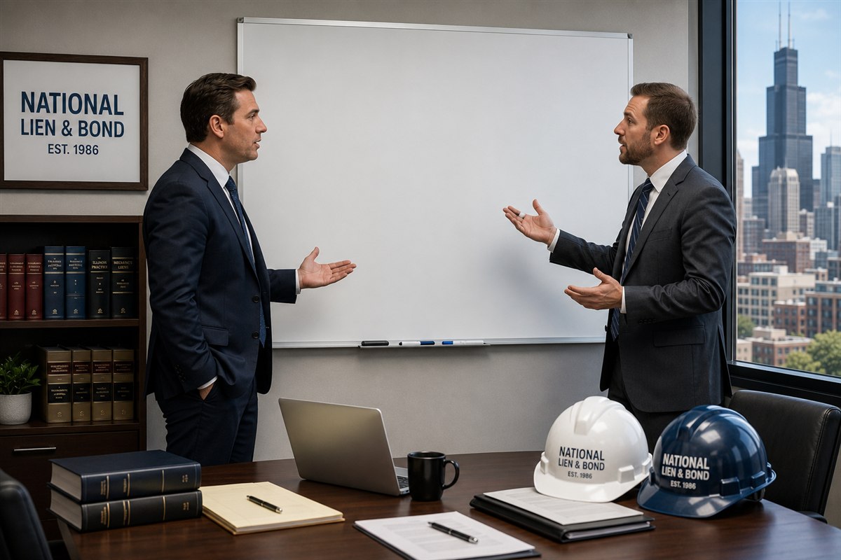 Two attorneys arguing at a blank whiteboard with hard hats on the conference table, hashing out who bears the risk