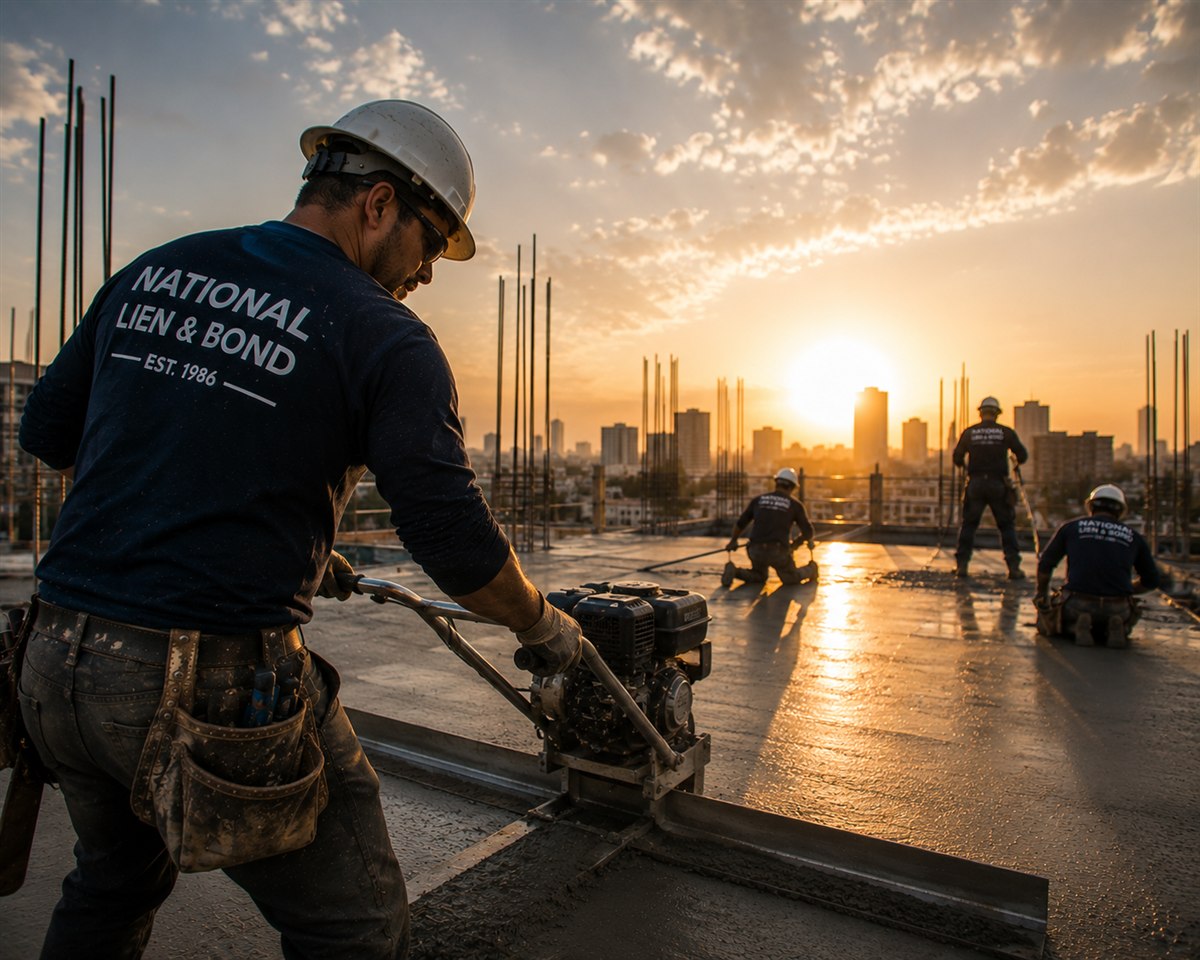 Worker guiding a power screed across a rooftop pour at sunset, the hotel-scale projects in the April lien law update