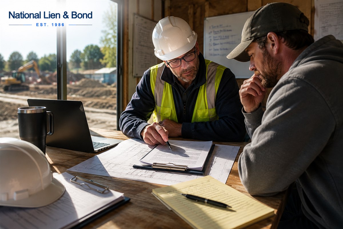 Contractor and project engineer reviewing a construction RFI together at a plan table in a job site trailer