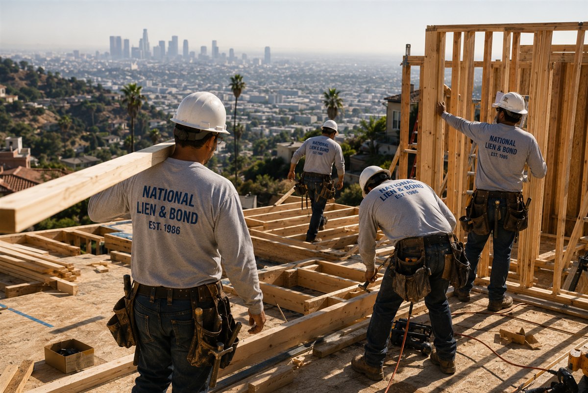 Framing crew on a Los Angeles hillside home site, the city stretching into the haze below