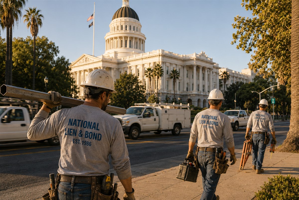 Contractor walking his tools past the California state capitol in golden afternoon light
