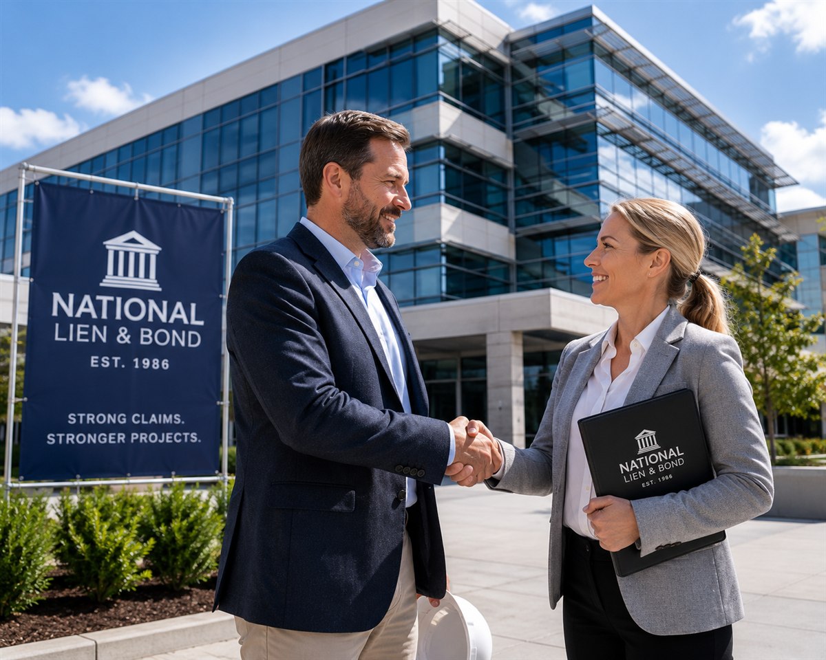 Contractor shaking hands with a construction attorney outside a modern office building