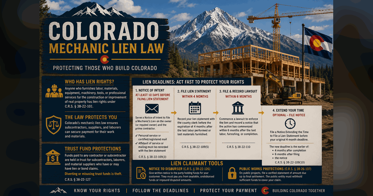 Colorado Mechanic Lien Law infographic - who has lien rights, the trust fund protections, and the lien deadlines: serve the Notice of Intent at least 10 days before filing, record the Lien Statement within 4 months, file suit within 6 months, plus the optional Notice Extending the Time to File.