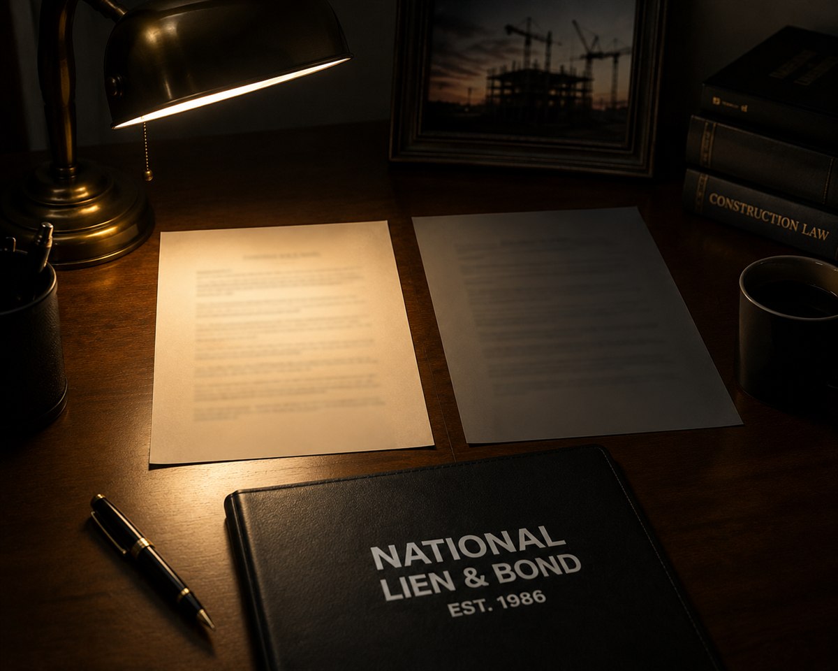 Two lien waivers on a desk at night, one lit under the lamp and one in shadow, a construction law volume behind