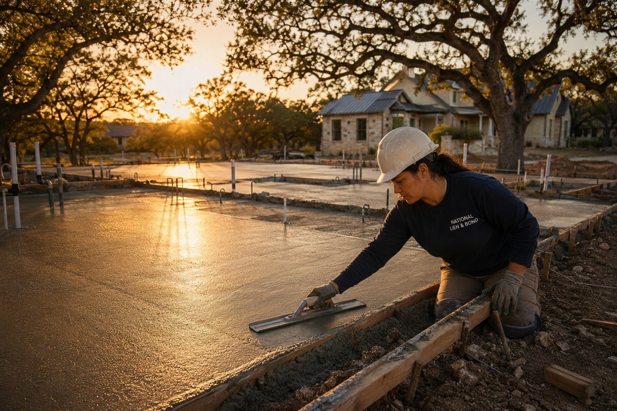 Finisher troweling the last pass on a residential slab at sunset among stone homes and live oaks, the job wrapping up before final payment and the waiver that comes with it