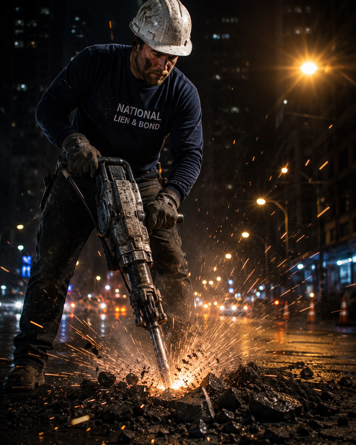 Worker breaking out defective concrete with a jackhammer on a city street at night, the rework behind construction back charges