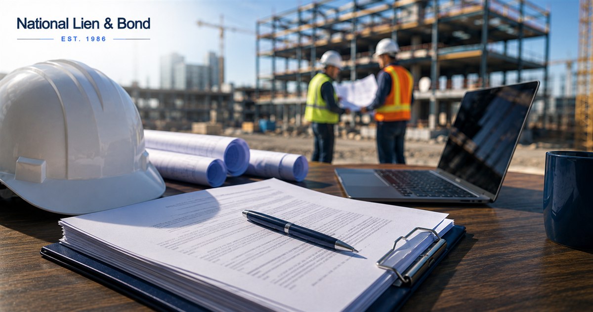 Construction contract on a clipboard with pen and laptop while two workers review building plans on the job site behind