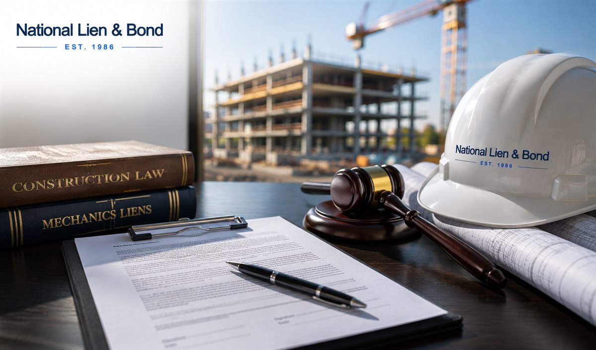 Construction law and mechanics liens law books with a judge gavel and hard hat in front of a commercial building under construction