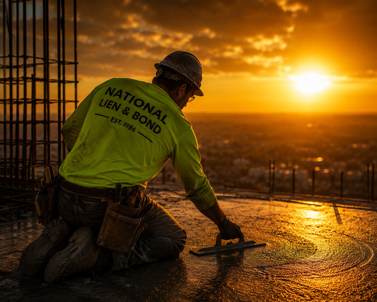Concrete finisher hand-troweling the last pass on a high-rise deck at sunset above the city, the final work before retainage gets released