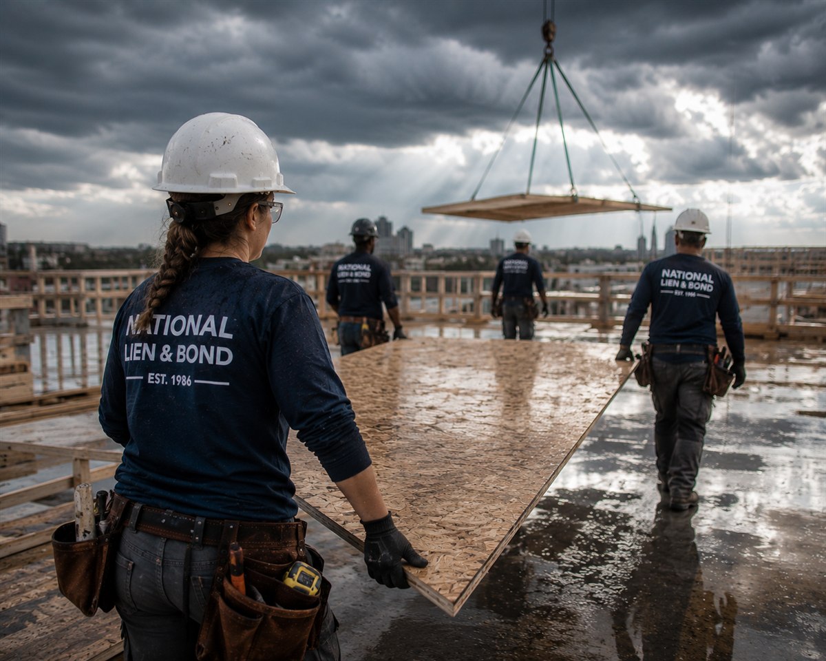 Roofing crew moving deck panels under a crane as storm clouds gather, the risks contingency clauses shift in a construction contract