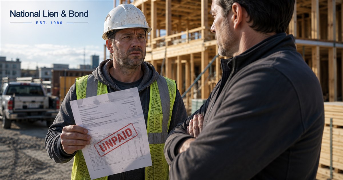 Subcontractor holding an invoice stamped unpaid while the general contractor crosses his arms on a wood framing job site