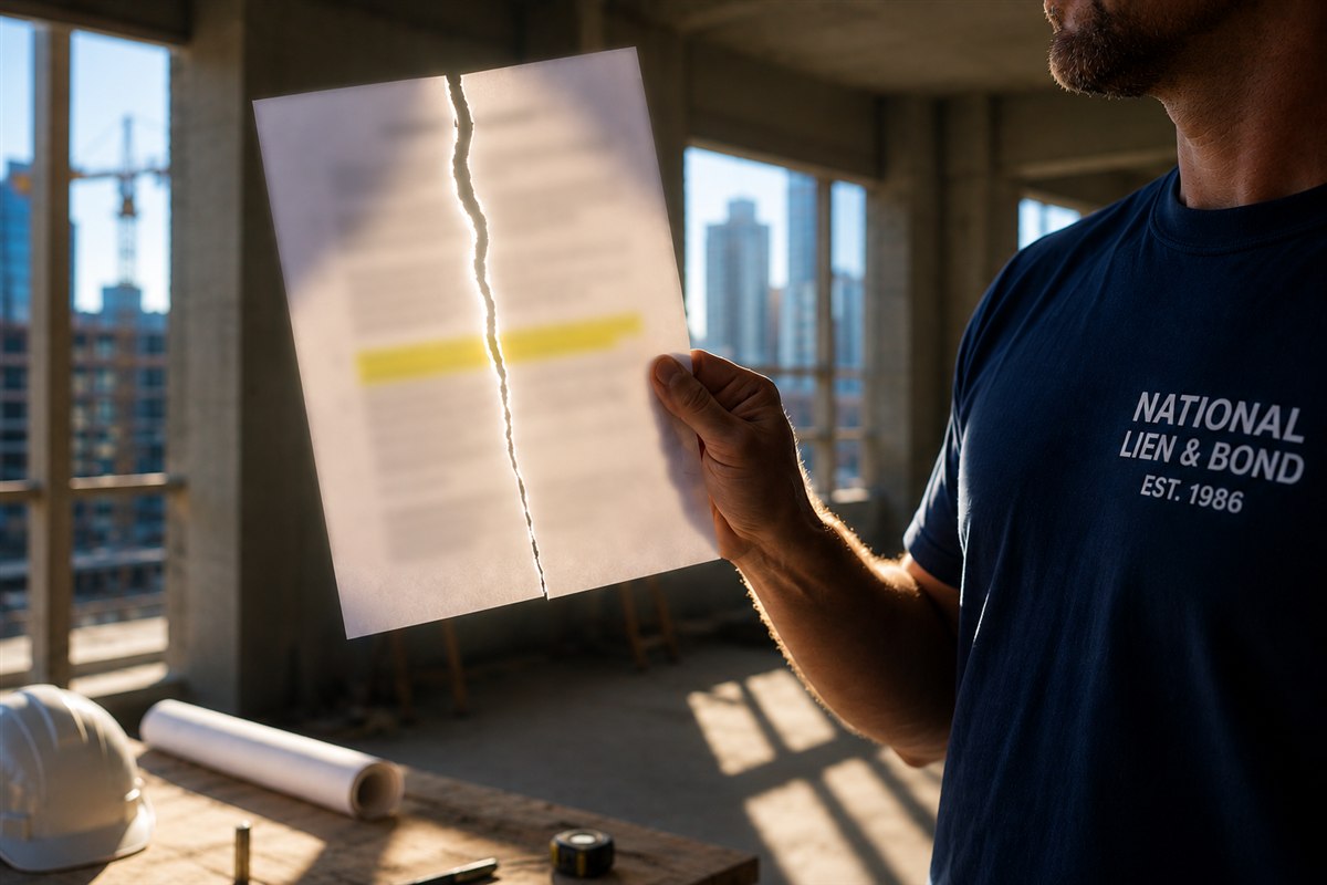 Torn contract page held up to the window light, one highlighted clause glowing through the paper
