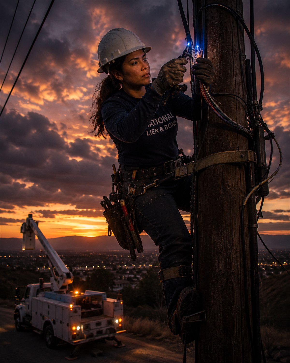 Lineworker splicing service lines atop a utility pole at dusk with a bucket truck below, the kind of job prompt pay laws may or may not protect