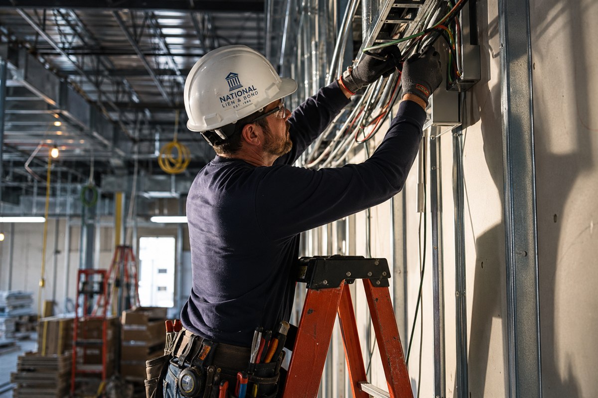 Electrician wiring a commercial tenant build-out, the kind of leasehold improvement work that raises property versus leasehold lien questions
