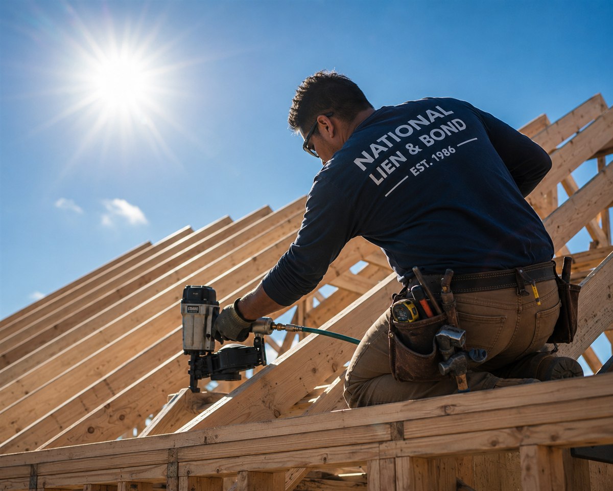 Roofer nailing down roof trusses under a bright sun, nailing down a strong subcontractor agreement before the work begins