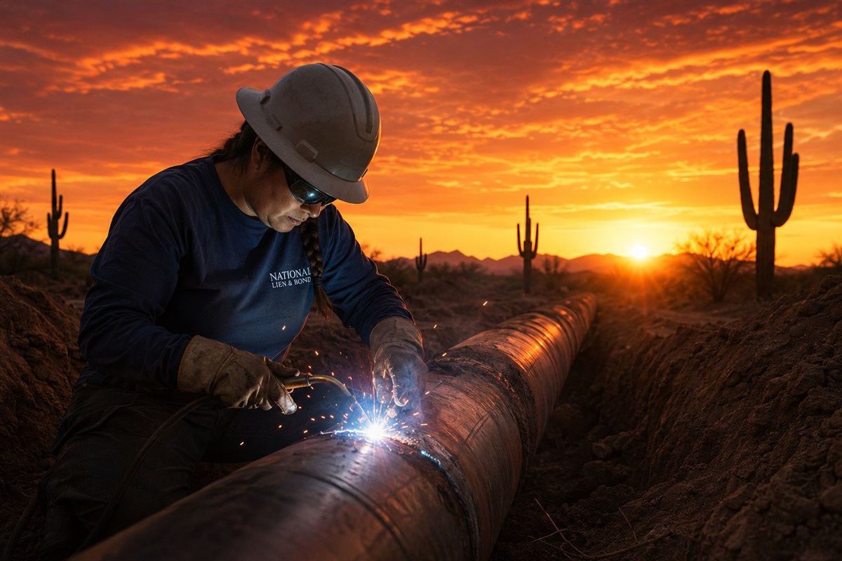 Welder joining pipeline sections in an Arizona saguaro desert at blazing sunset, the public works behind Little Miller Act claims