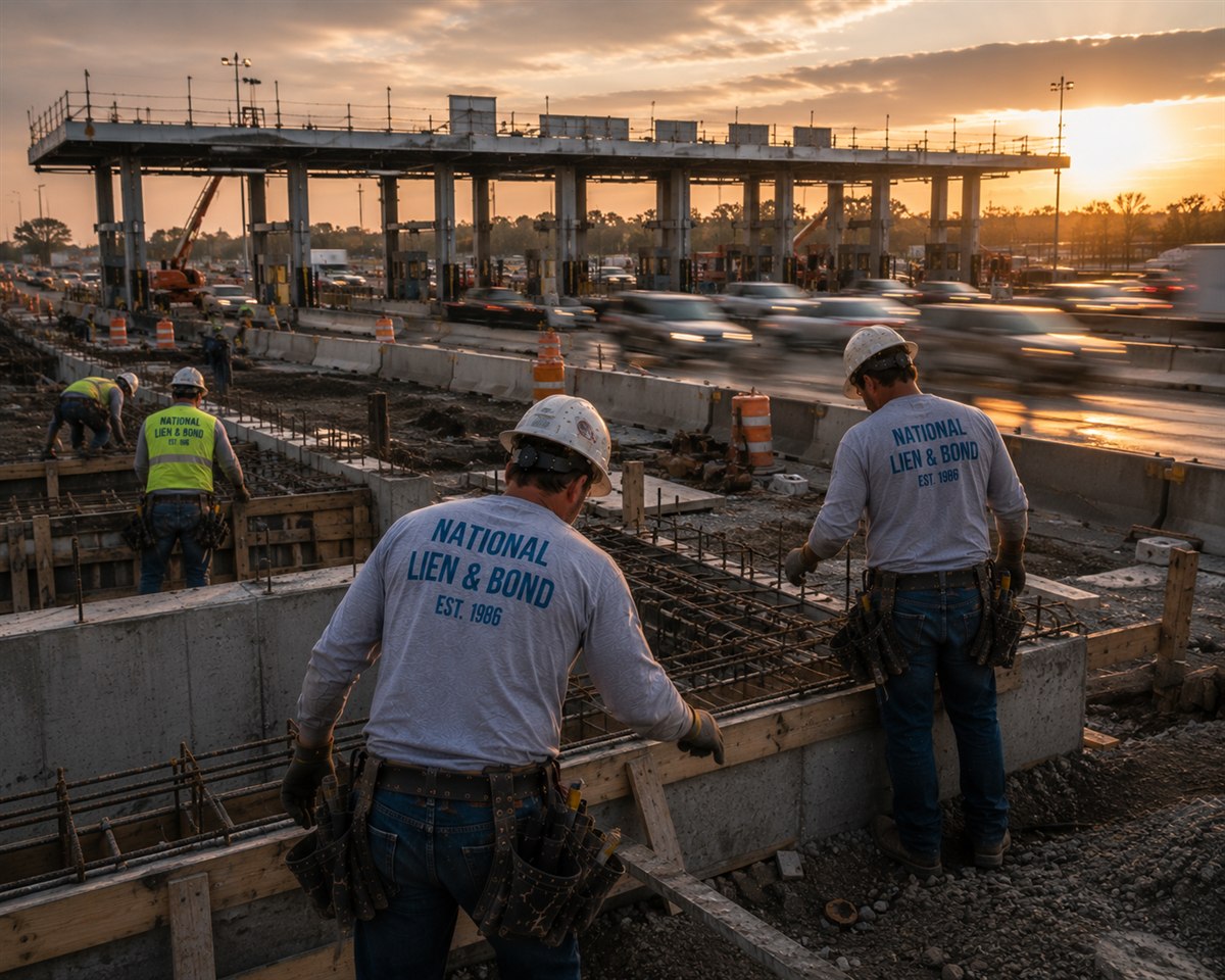 Rebar crew rebuilding a New Jersey turnpike toll plaza as traffic streams past