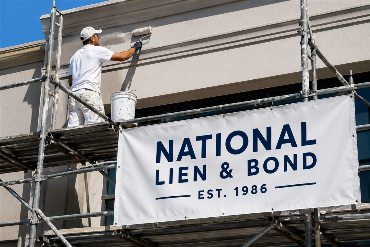 Painter finishing a building facade on scaffolding, the last work completed before final payment comes due