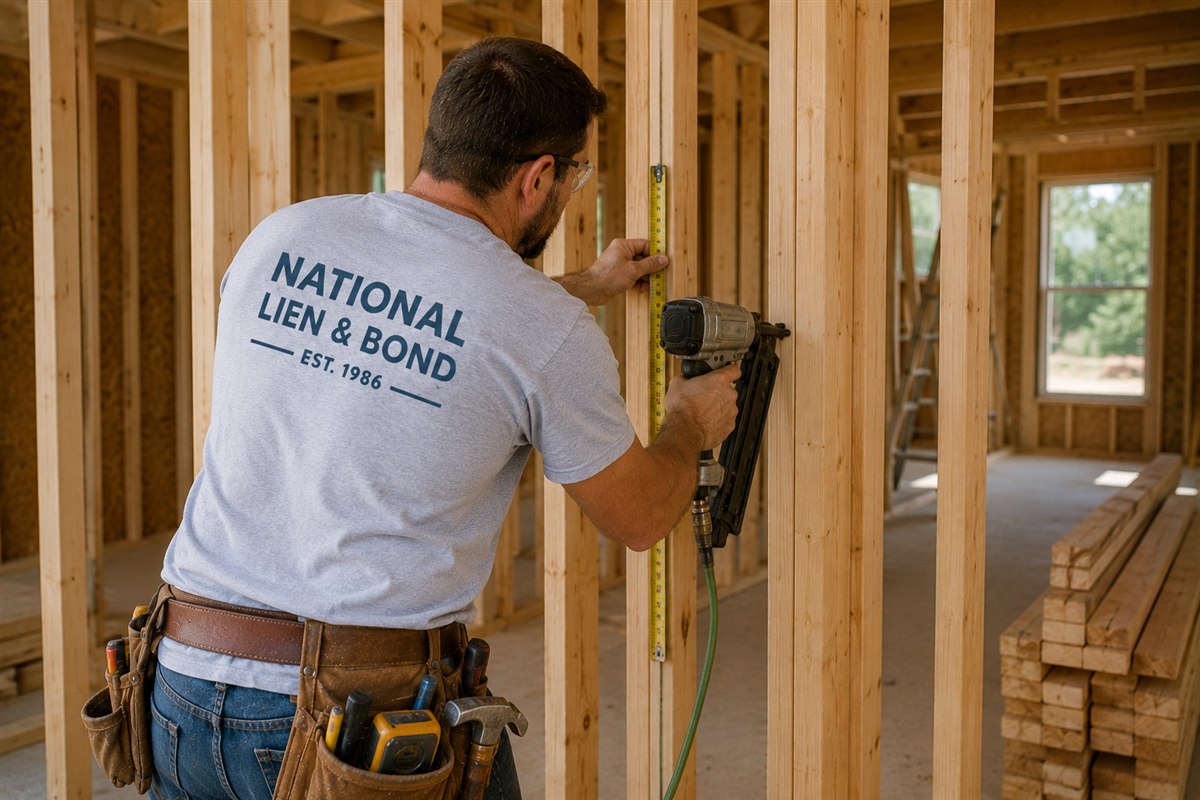 Carpenter checking stud spacing with a tape measure and framing nailer inside a new home build, essential lien law updates to close the year