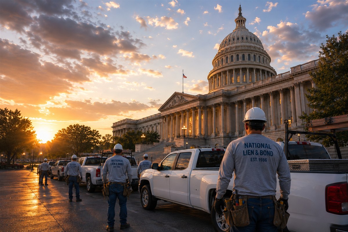 Capitol dome at dawn with a line of contractor trucks parked out front, crews ready to start the day