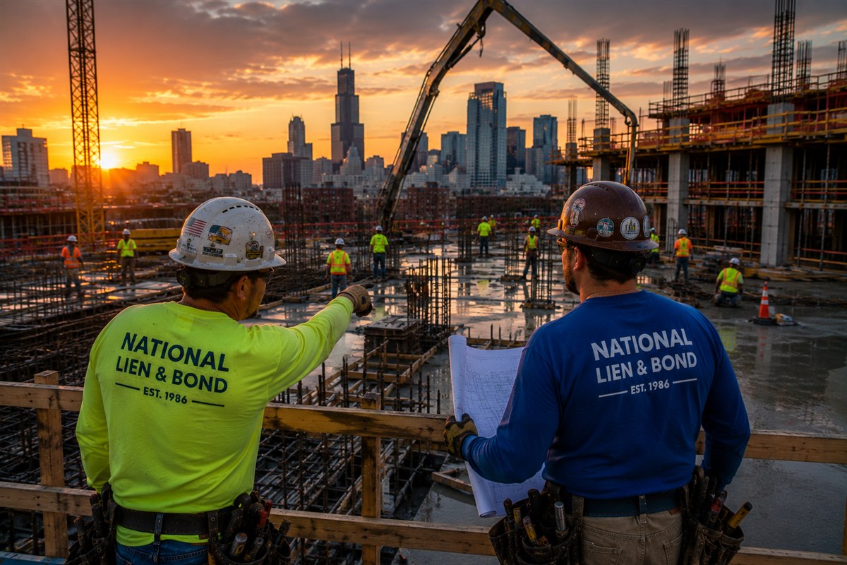Two contractors overlooking a concrete pour with the Chicago skyline at sunset, filing a mechanics lien in Illinois to get paid