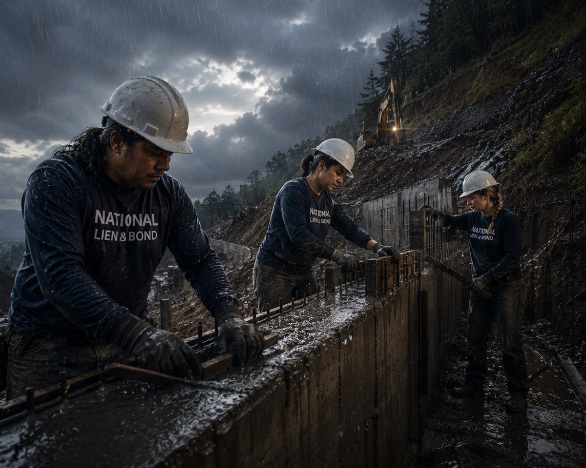 Crew anchoring a concrete retaining wall against a rain-soaked hillside in a storm, the way a lien holds the line for suppliers and subcontractors after a bankruptcy