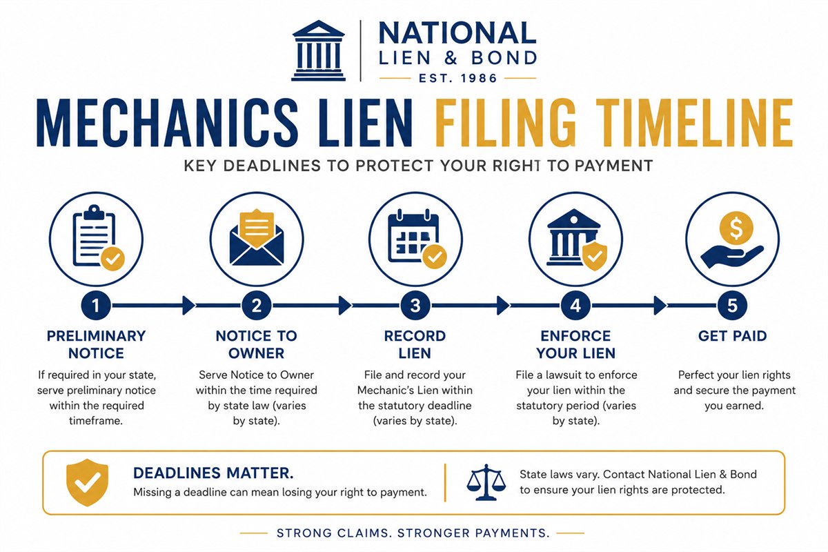 Mechanics lien filing timeline infographic showing the five steps from preliminary notice through recording, enforcement and getting paid