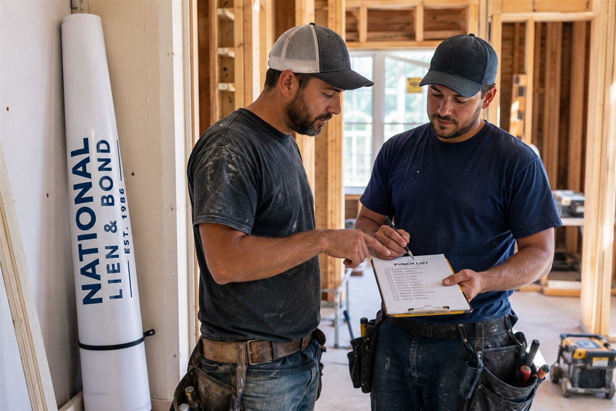 Two contractors reviewing a punch list checklist inside a framed house before requesting final payment