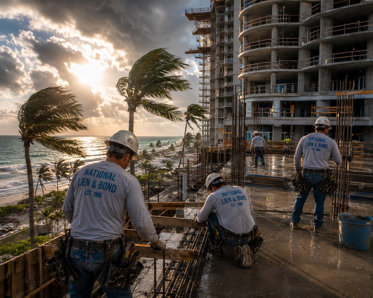 Rebar crew on a coastal Florida condo tower deck as storm clouds clear over the beach, palms bending in the wind