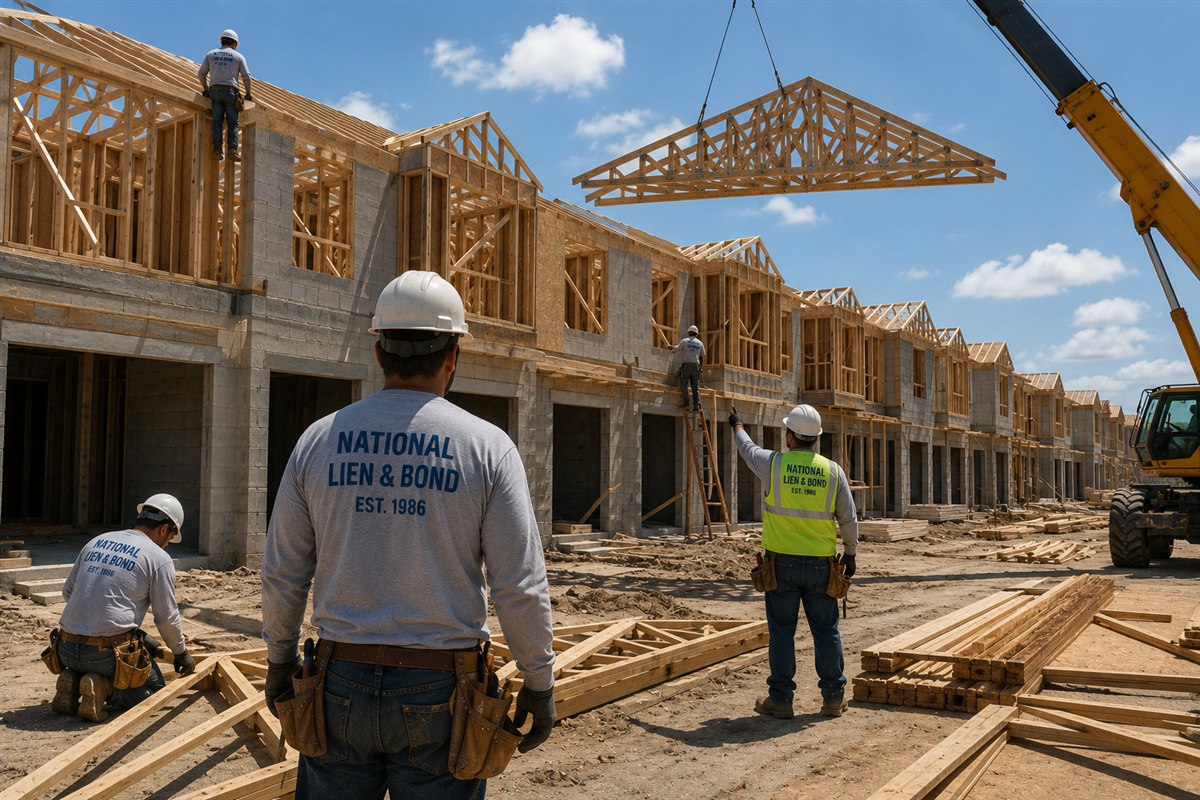Framing crew hanging roof trusses in an Orlando townhome community under flat summer heat