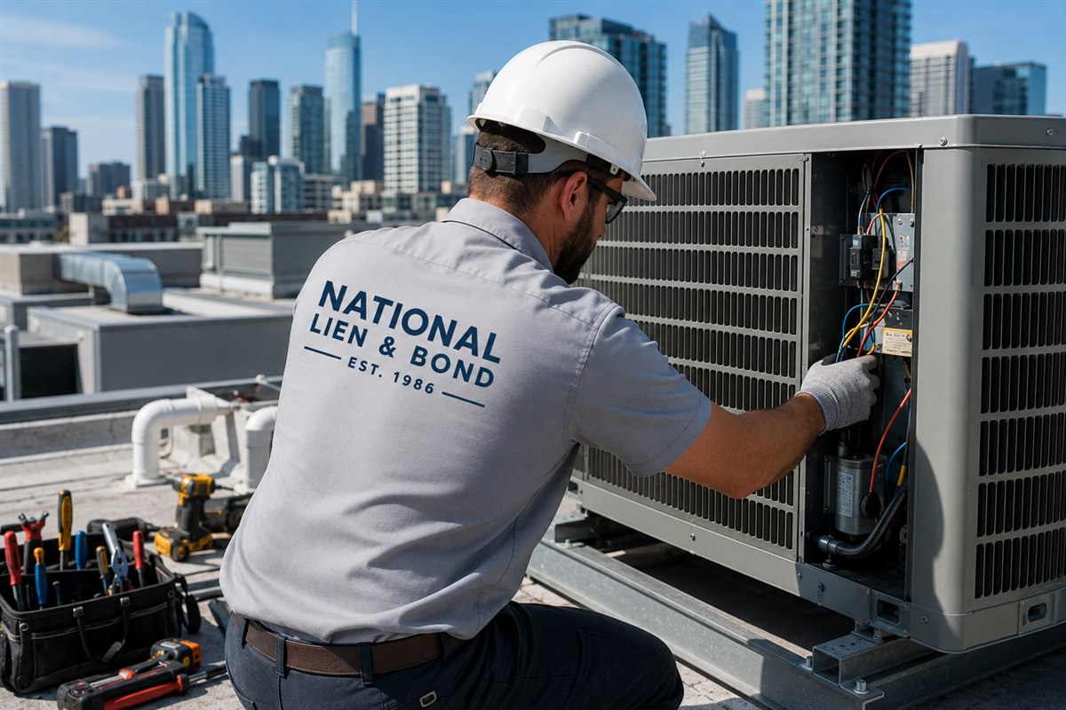 Service technician repairing a rooftop HVAC unit, service work that may require payment remedies other than a mechanics lien