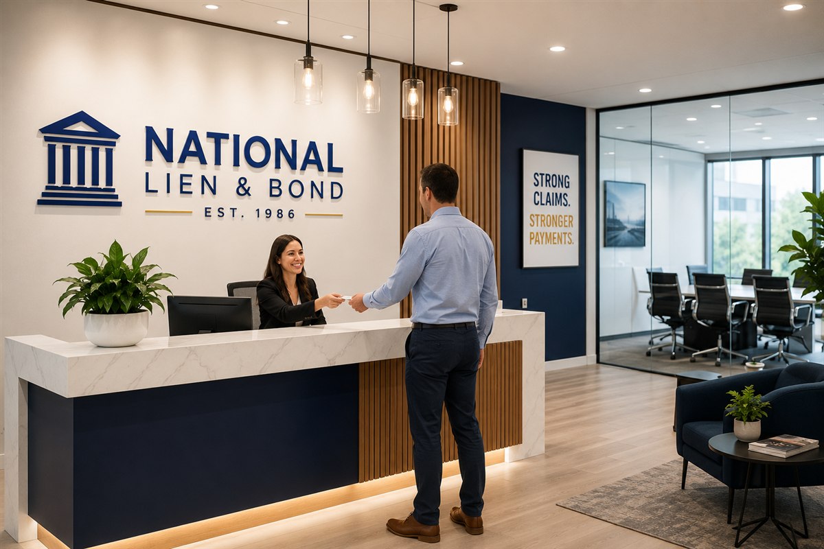 Contractor visiting a national lien service office to discuss filing liens in multiple states