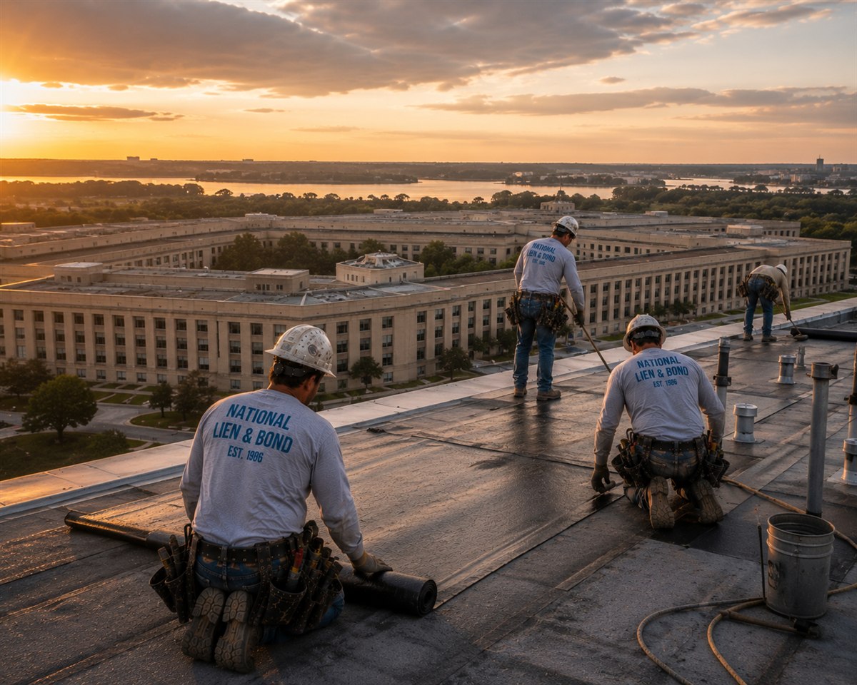 Roofing crew on a low federal complex in Virginia, Potomac light across the rooftops