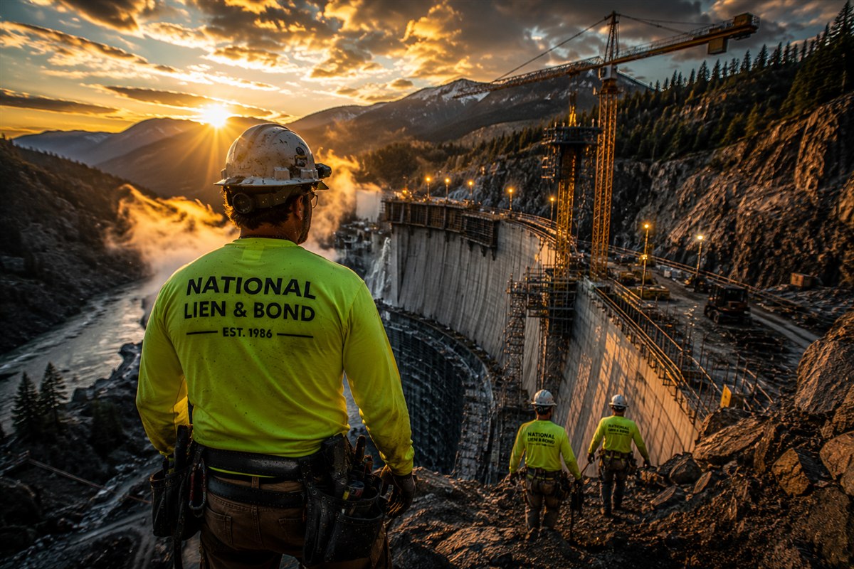 Crew descending toward a concrete dam rising in an evergreen mountain gorge, the public works behind Washington Little Miller Act claims