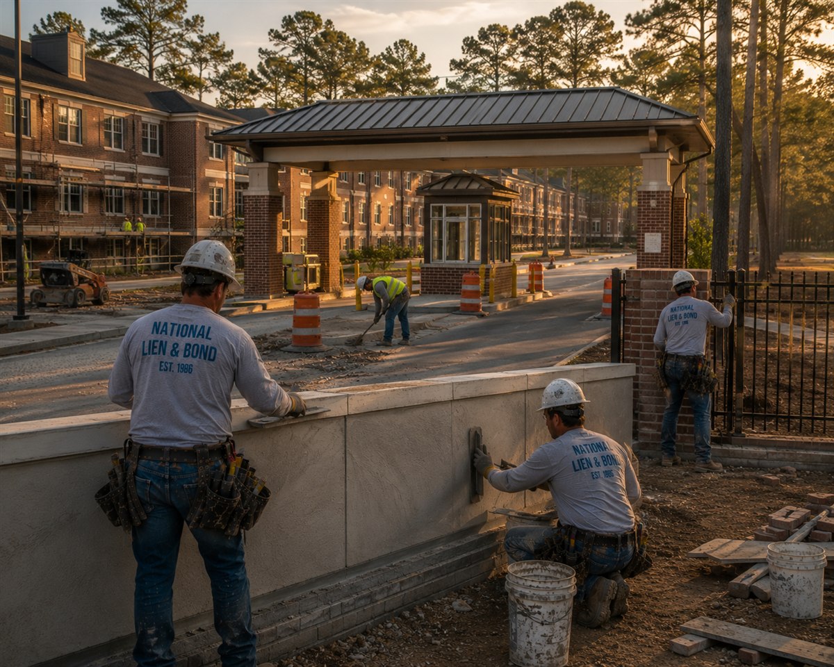 Mason renovating a military base gate in Georgia, brick pillars and southern pines