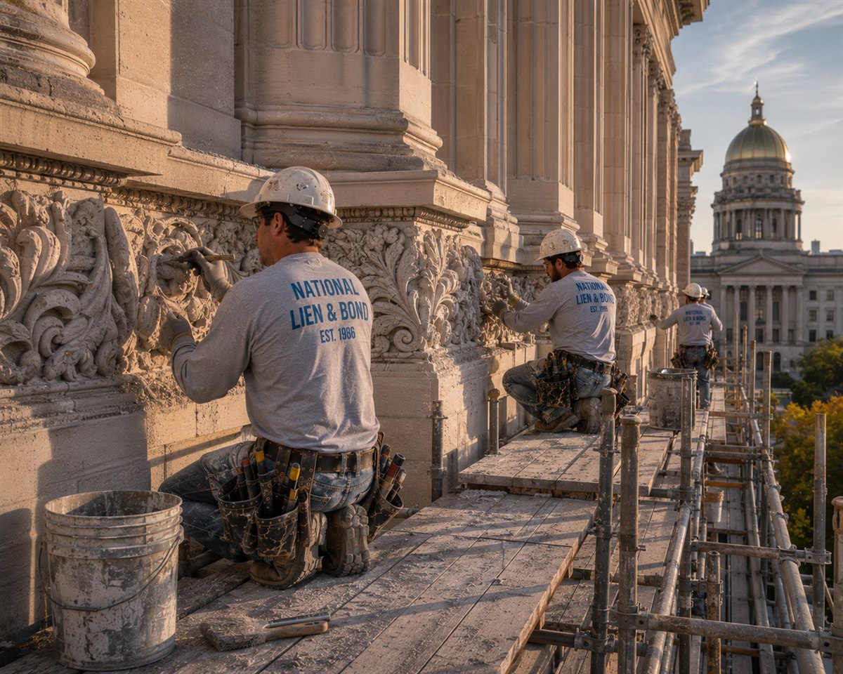 Stone carvers restoring the limestone frieze of an Indiana federal courthouse from scaffolding, dome in the distance